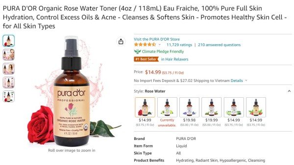 PURA D'OR Organic Rose Water Toner